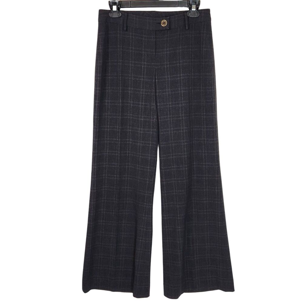 Cabi Lauren Plaid Wide Leg Trouser Pants Charcoal Gray Windowpane Size 6 Preppy
